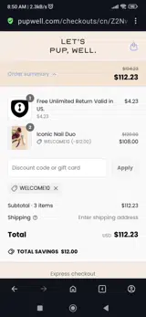 Welcome10 coupon verification screenshot