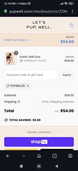 Pupwell10 coupon verification screenshot