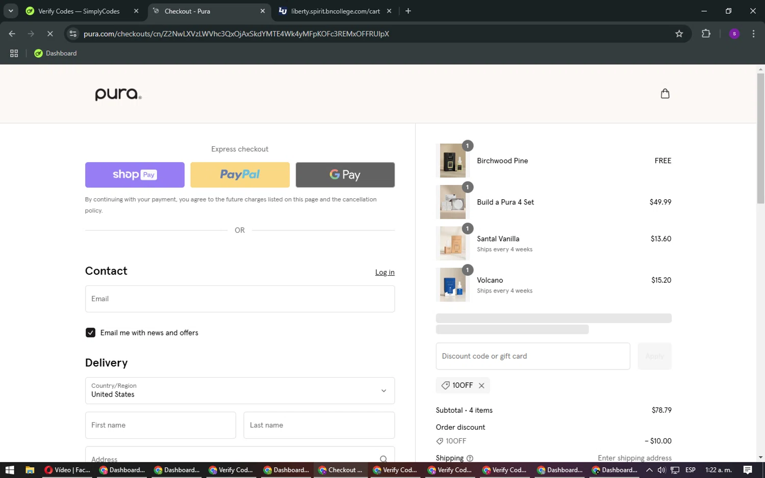 Pura discount code screenshot showing code 10OFF applied at Pura checkout page. Uploaded by SimplyCodes community member FrugalLegend5728 on Jan 6, 2025