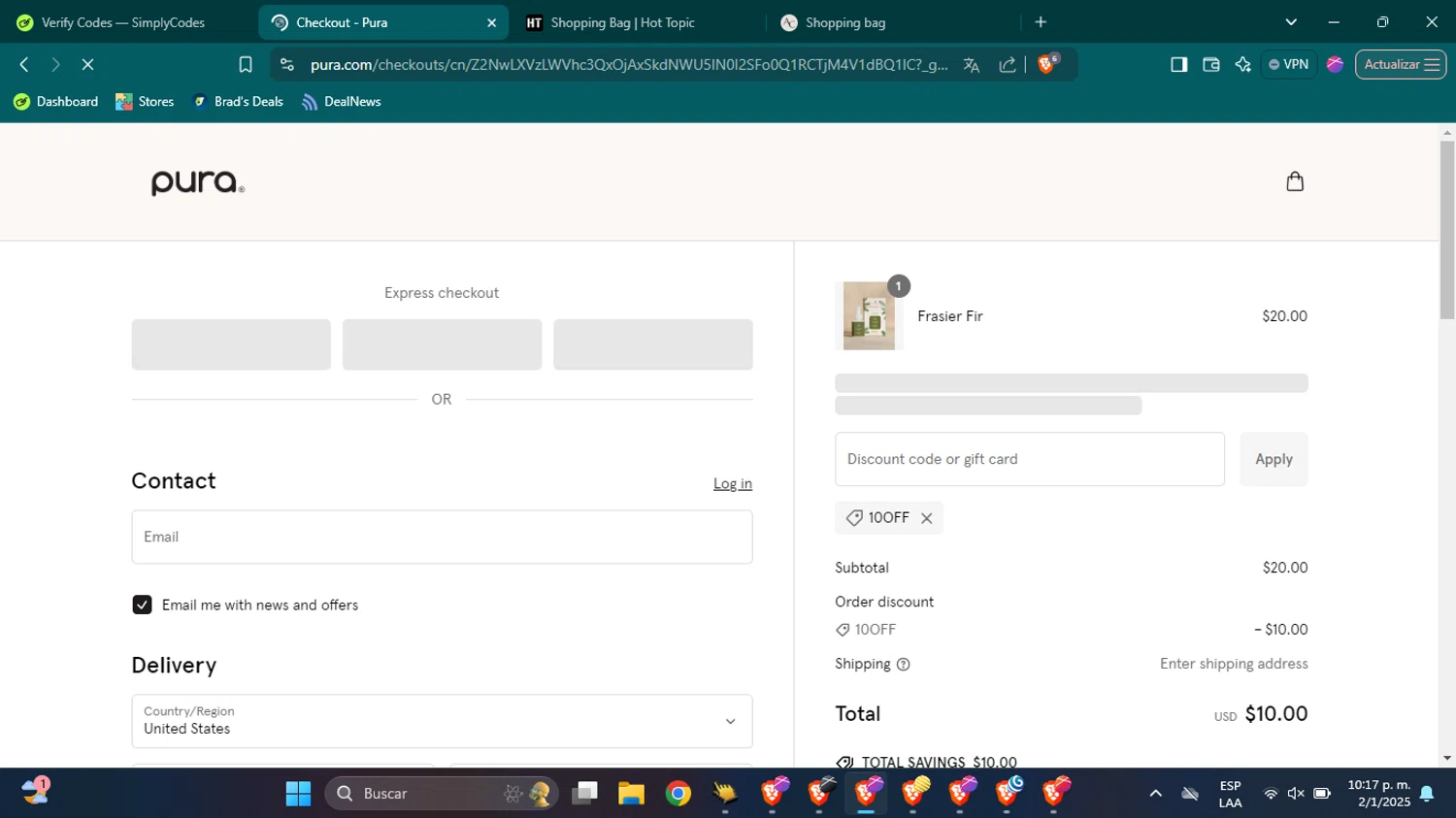 Pura discount code screenshot showing code 10OFF applied at Pura checkout page. Uploaded by SimplyCodes community member VictoriousSage6771 on Jan 3, 2025