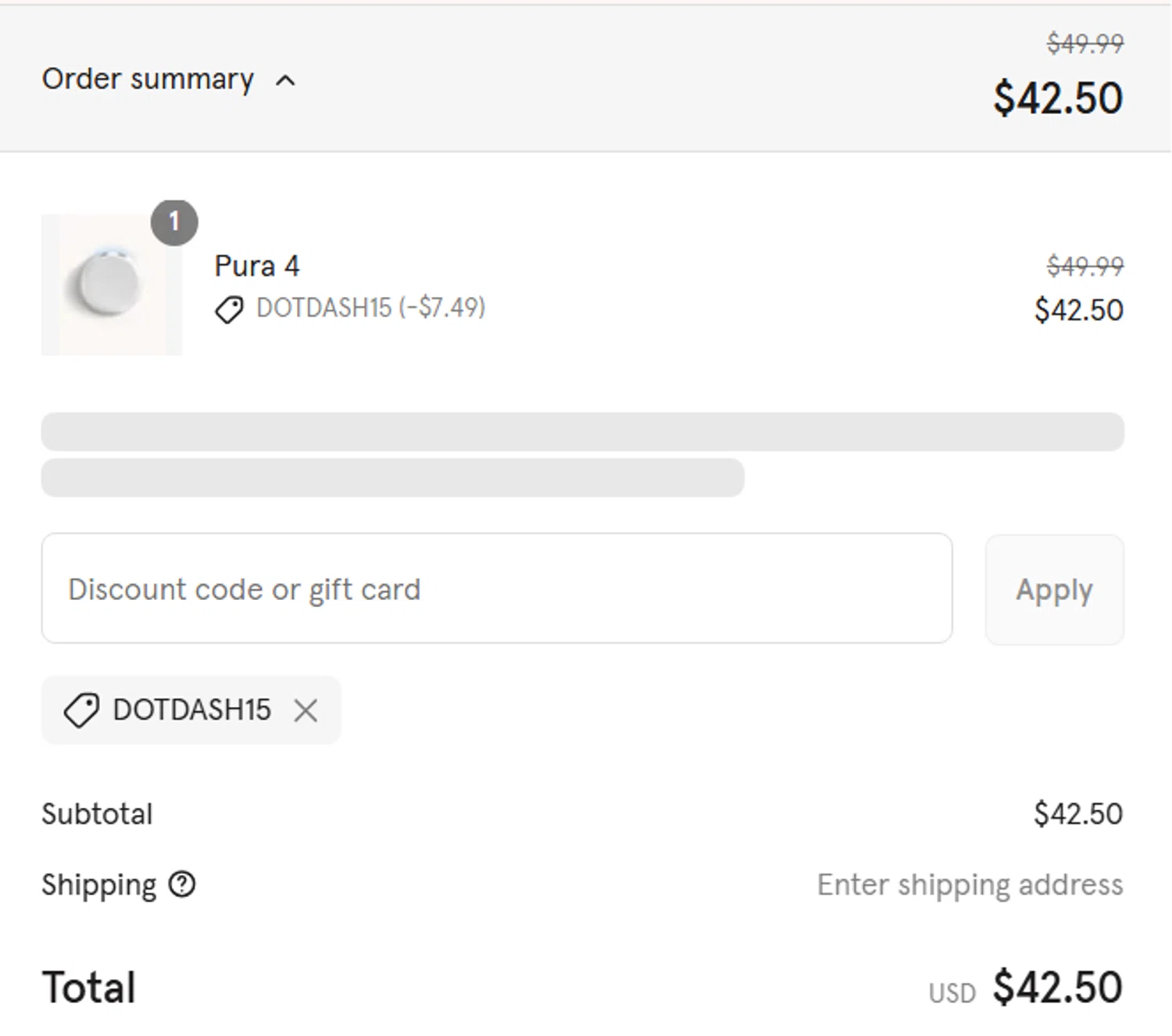 Pura discount code screenshot showing code DOTDASH15 applied at Pura checkout page. Uploaded by SimplyCodes community member Alemania on Jul 14, 2025