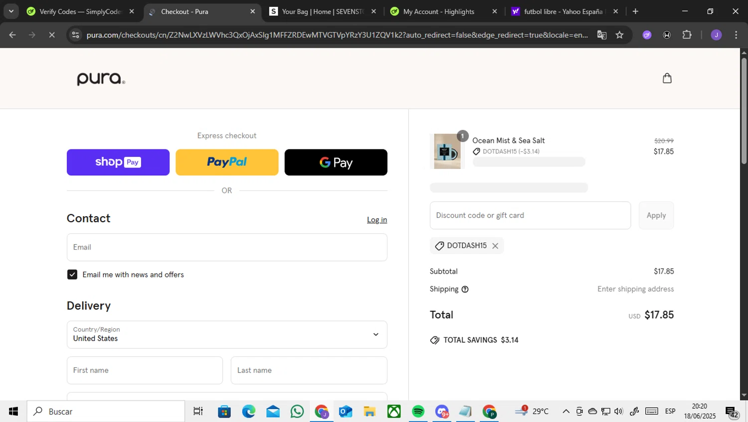 Pura discount code screenshot showing code DOTDASH15 applied at Pura checkout page. Uploaded by SimplyCodes community member ENCARAMESSI on Jun 19, 2025