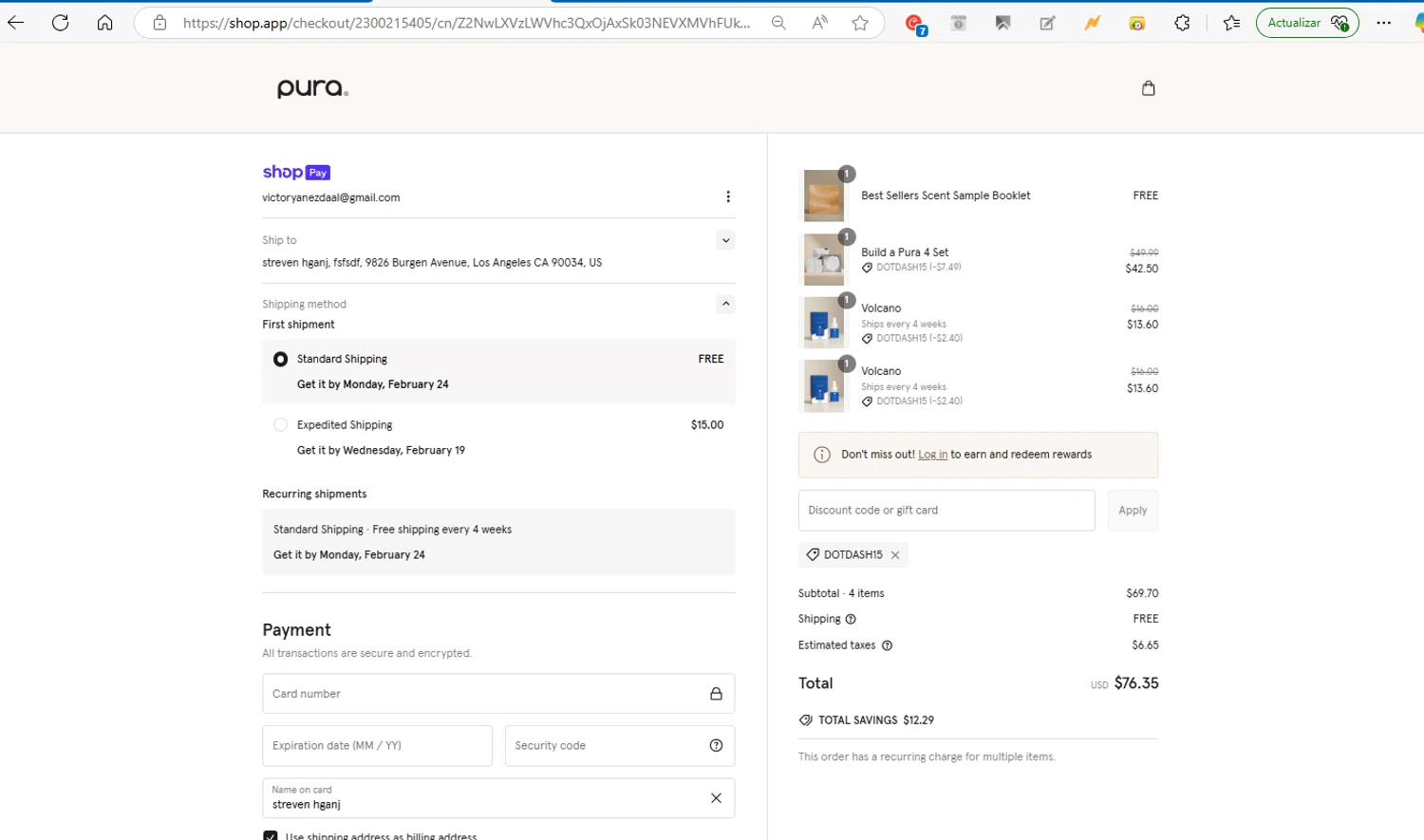 Pura discount code screenshot showing code DOTDASH15 applied at Pura checkout page. Uploaded by SimplyCodes community member VictorYanez on Feb 16, 2025