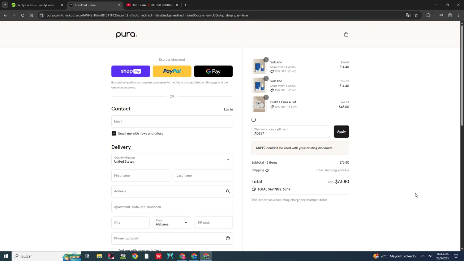 Pura discount code screenshot showing code ADEE7 applied at Pura checkout page. Uploaded by SimplyCodes community member ScanShopper554 on Aug 27, 2025