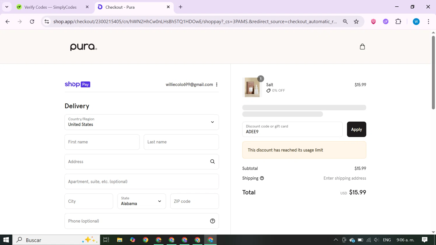 Pura discount code screenshot showing code ADEE9 applied at Pura checkout page. Uploaded by SimplyCodes community member CrownShopper7142 on Aug 27, 2025