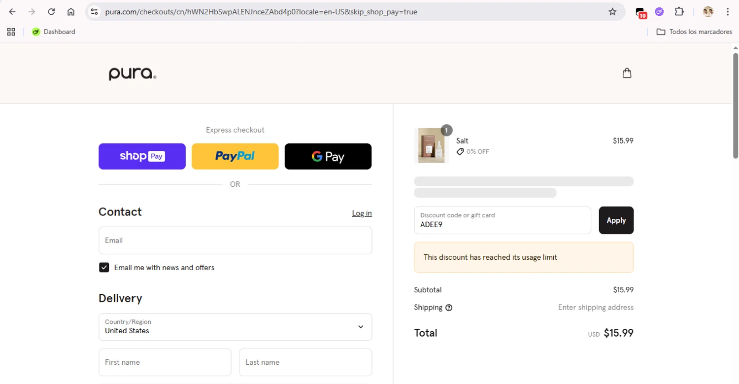 Pura discount code screenshot showing code ADEE9 applied at Pura checkout page. Uploaded by SimplyCodes community member FrugalFox6593 on Aug 27, 2025