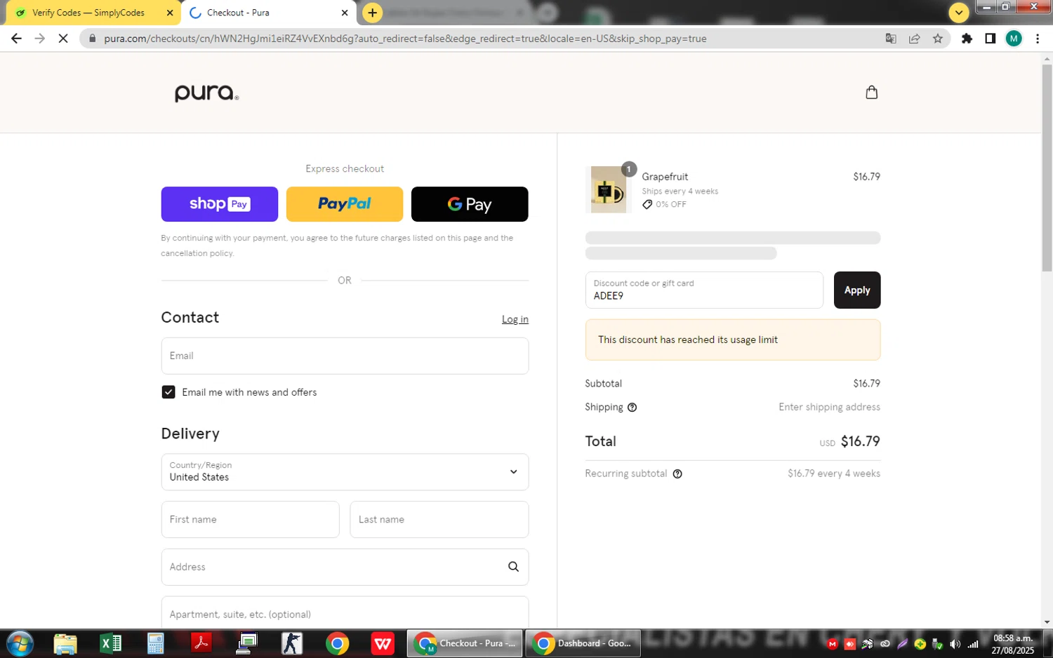 Pura discount code screenshot showing code ADEE9 applied at Pura checkout page. Uploaded by SimplyCodes community member QuestSage1300 on Aug 27, 2025