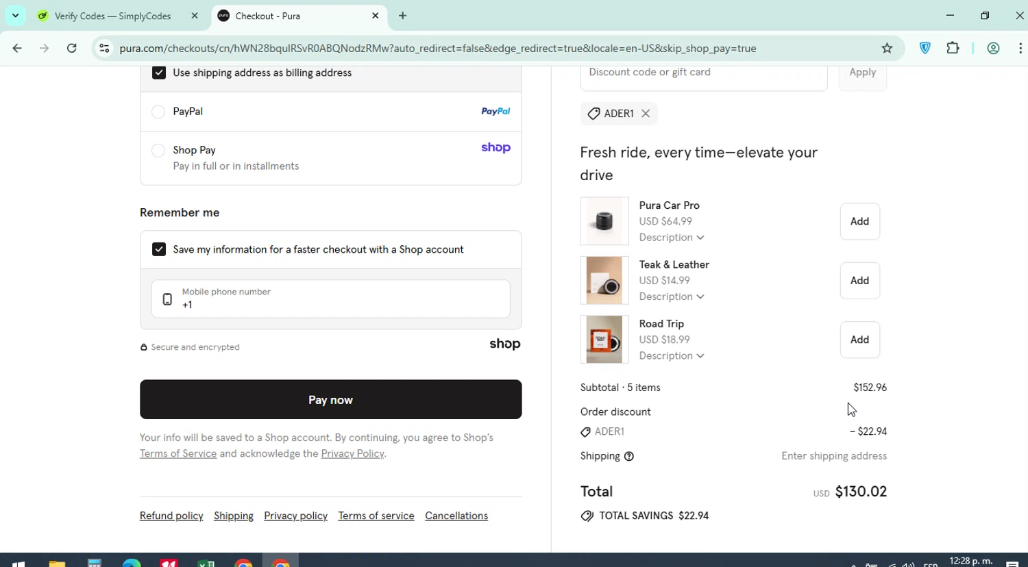 Pura discount code screenshot showing code ADER1 applied at Pura checkout page. Uploaded by SimplyCodes community member Logoteam on Aug 23, 2025
