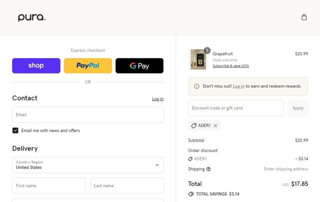 Pura checkout page showing Pura discount code box | Screenshot taken by SimplyCodes community member on Sep 4, 2025