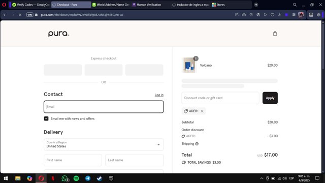 Pura checkout page showing Pura discount code box | Screenshot taken by SimplyCodes community member on Sep 4, 2025