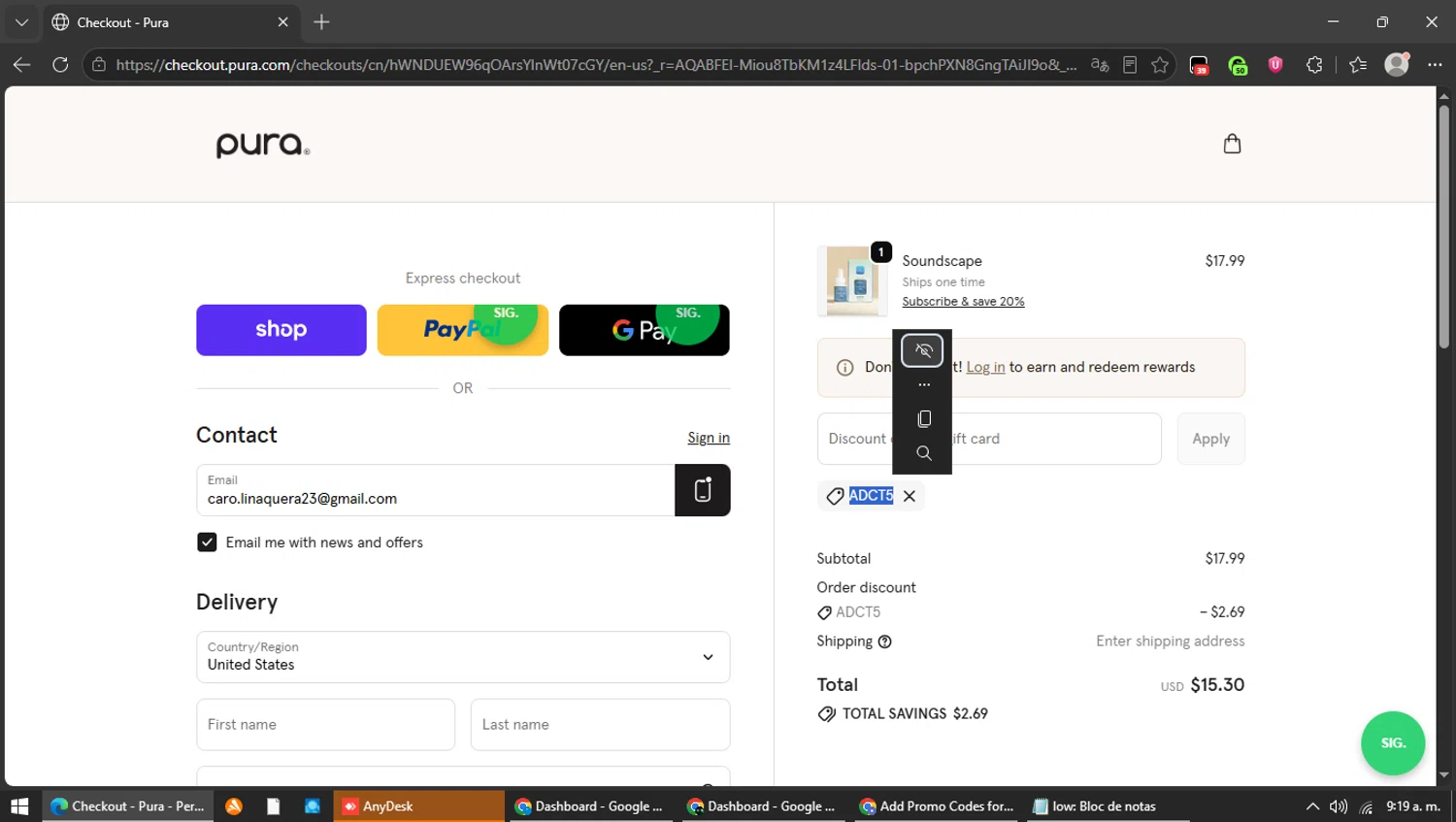 Pura promo code screenshot showing code ADCT5 applied at Pura checkout page. Uploaded by SimplyCodes community member Carolina23 on Jun 19, 2026