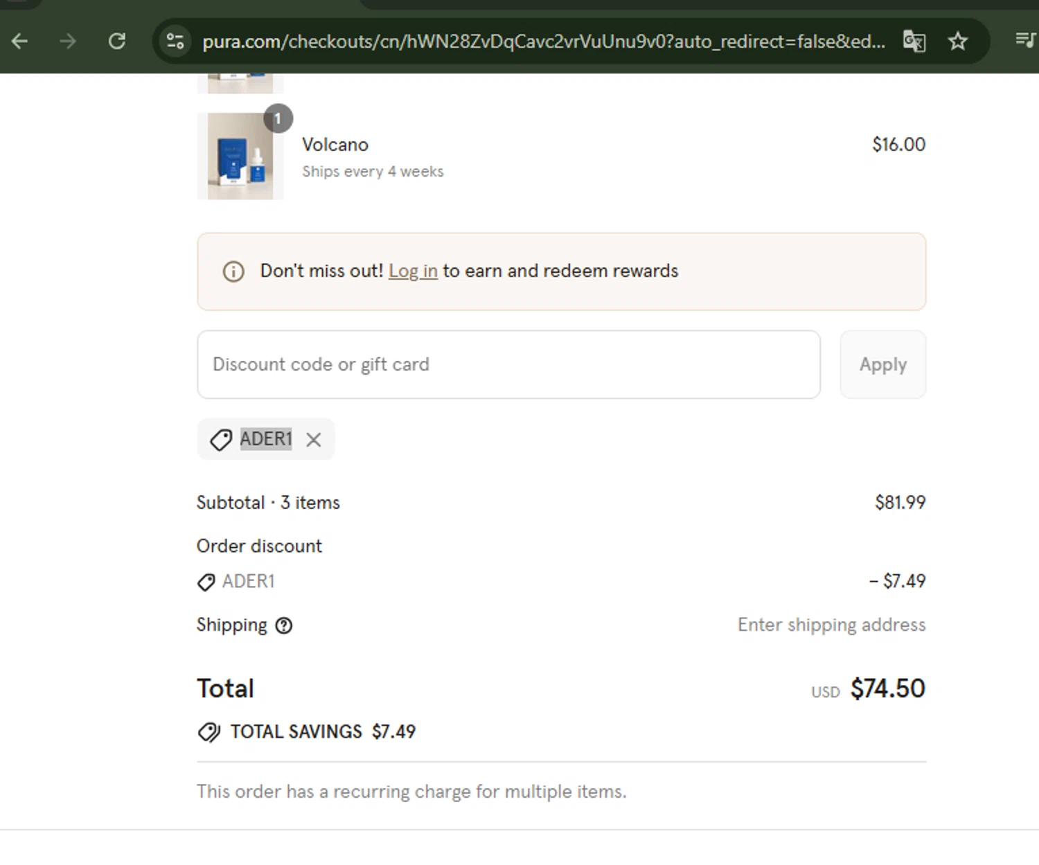 Pura discount code screenshot showing code ADER1 applied at Pura checkout page. Uploaded by SimplyCodes community member Carolina23 on Aug 23, 2025