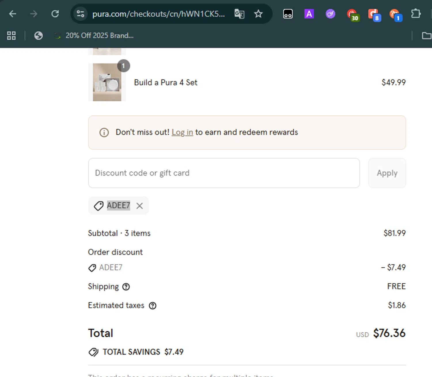 Pura discount code screenshot showing code ADEE7 applied at Pura checkout page. Uploaded by SimplyCodes community member Carolina23 on Aug 19, 2025