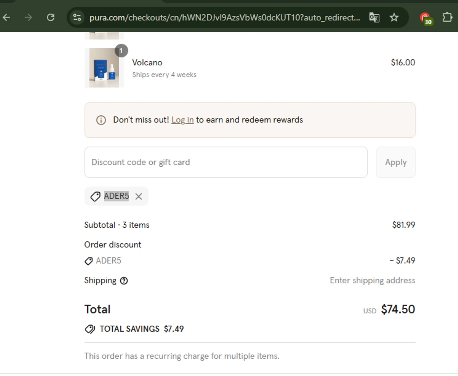 Pura discount code screenshot showing code ADER5 applied at Pura checkout page. Uploaded by SimplyCodes community member CoinWhiz5156 on Aug 25, 2025