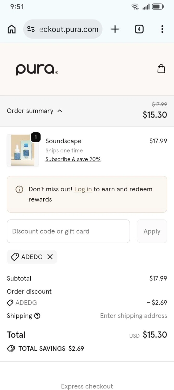 Pura promo code screenshot showing code ADEDG applied at Pura checkout page. Uploaded by SimplyCodes community member franksanchez on Jun 19, 2026