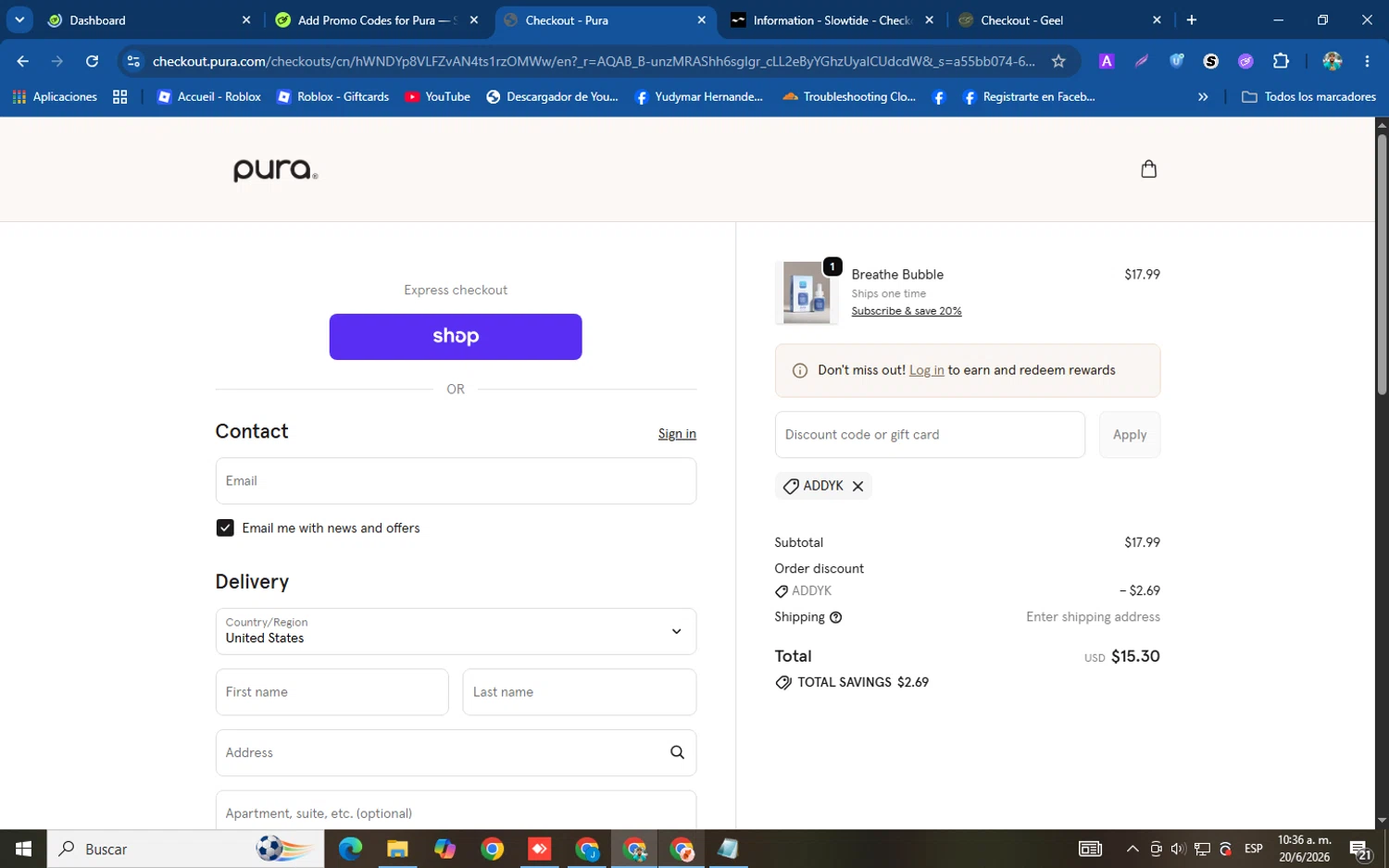Pura promo code screenshot showing code addyk applied at Pura checkout page. Uploaded by SimplyCodes community member helicoide on Jun 20, 2026