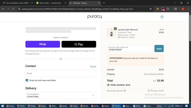 Puracy checkout page showing Puracy coupon code box | Screenshot taken by SimplyCodes community member on Sep 13, 2025