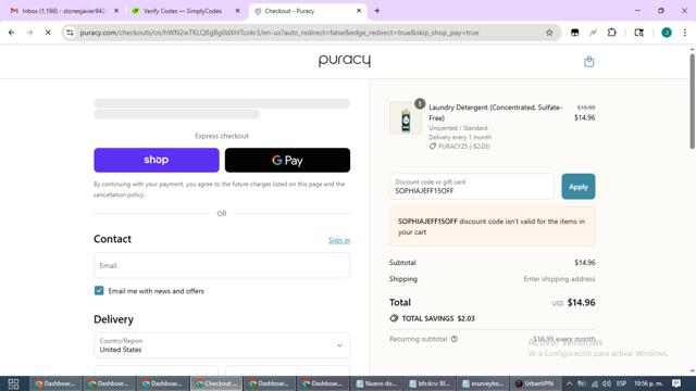 Puracy checkout page showing Puracy coupon code box | Screenshot taken by SimplyCodes community member on Sep 13, 2025