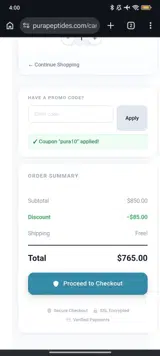 Pura Peptides coupon verification screenshot