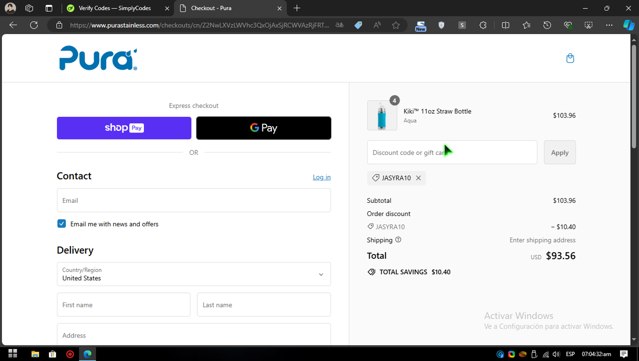 Pura Stainless checkout page showing Pura Stainless promo code box | Screenshot taken by SimplyCodes community member on Aug 3, 2024