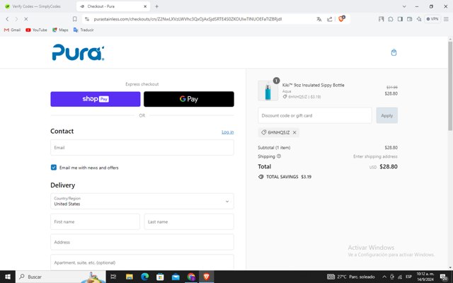 Pura Stainless checkout page showing Pura Stainless promo code box | Screenshot taken by SimplyCodes community member on Sep 14, 2024