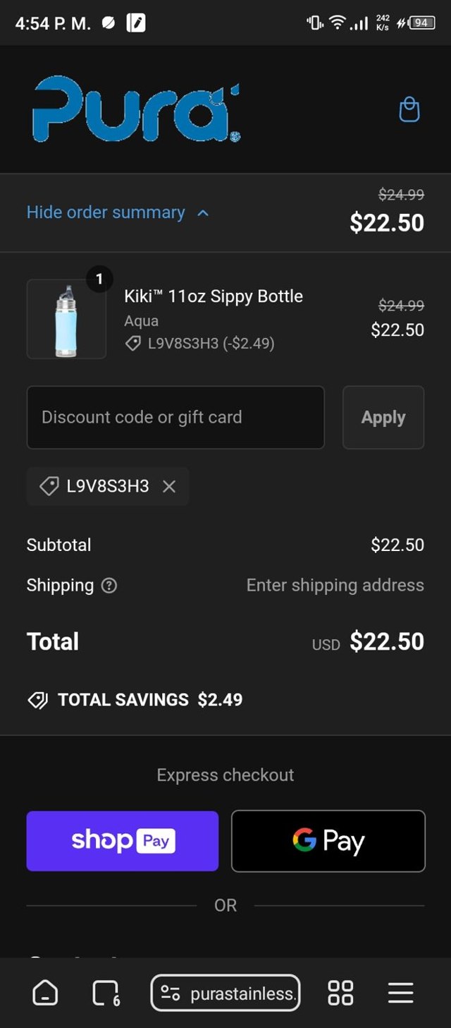 Pura Stainless checkout page showing Pura Stainless promo code box | Screenshot taken by SimplyCodes community member on Sep 26, 2024