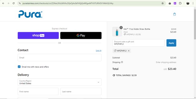 Pura Stainless checkout page showing Pura Stainless promo code box | Screenshot taken by SimplyCodes community member on Oct 18, 2024