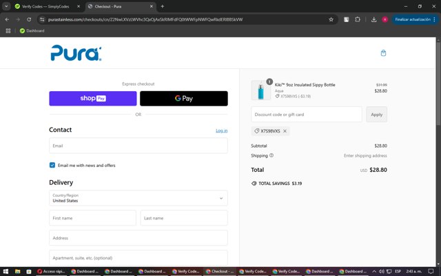 Pura Stainless checkout page showing Pura Stainless promo code box | Screenshot taken by SimplyCodes community member on Nov 25, 2024