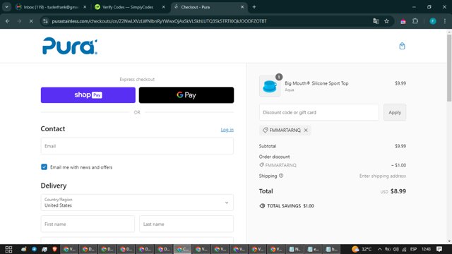 Pura Stainless checkout page showing Pura Stainless promo code box | Screenshot taken by SimplyCodes community member on Dec 8, 2024
