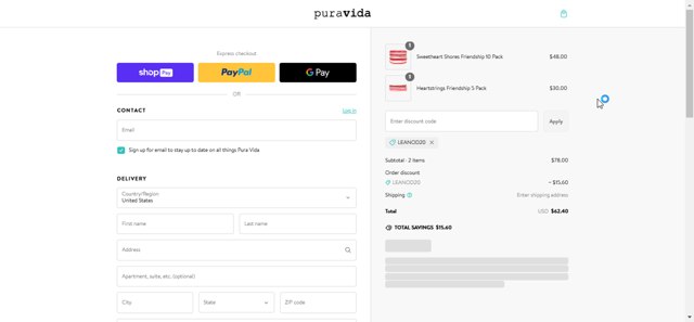 Pura Vida Bracelets checkout page showing Pura Vida Bracelets promo code box | Screenshot taken by SimplyCodes community member on Feb 7, 2025