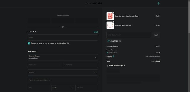Pura Vida Bracelets checkout page showing Pura Vida Bracelets promo code box | Screenshot taken by SimplyCodes community member on Feb 7, 2025