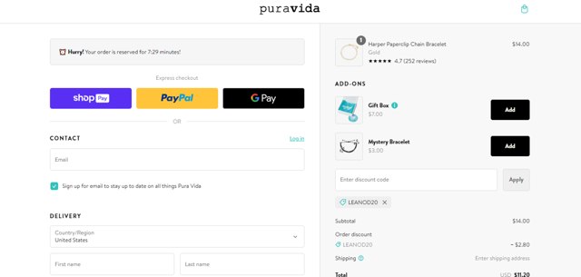 Pura Vida Bracelets checkout page showing Pura Vida Bracelets promo code box | Screenshot taken by SimplyCodes community member on Jan 14, 2025