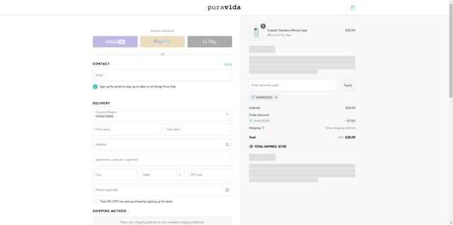 Pura Vida Bracelets checkout page showing Pura Vida Bracelets promo code box | Screenshot taken by SimplyCodes community member on Feb 20, 2025