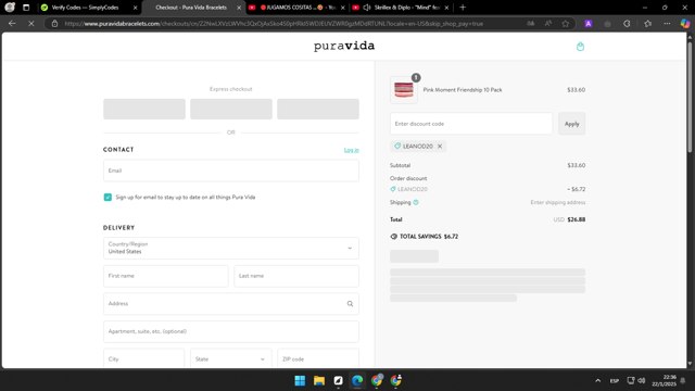 Pura Vida Bracelets checkout page showing Pura Vida Bracelets promo code box | Screenshot taken by SimplyCodes community member on Jan 23, 2025