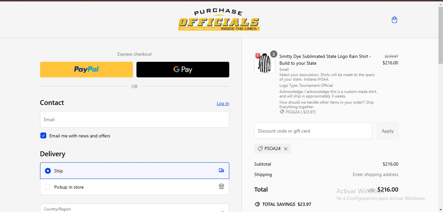 Purchase Officials Supplies promo code screenshot showing code PSOA24 applied at Purchase Officials Supplies checkout page. Uploaded by SimplyCodes community member Ronita_832988044 on Feb 9, 2025