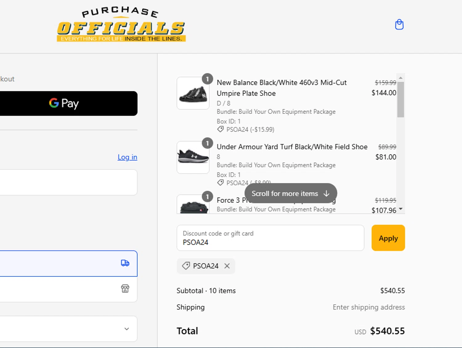 Purchase Officials Supplies promo code screenshot showing code PSOA24 applied at Purchase Officials Supplies checkout page. Uploaded by SimplyCodes community member MagnificentKnight9534 on Mar 7, 2025