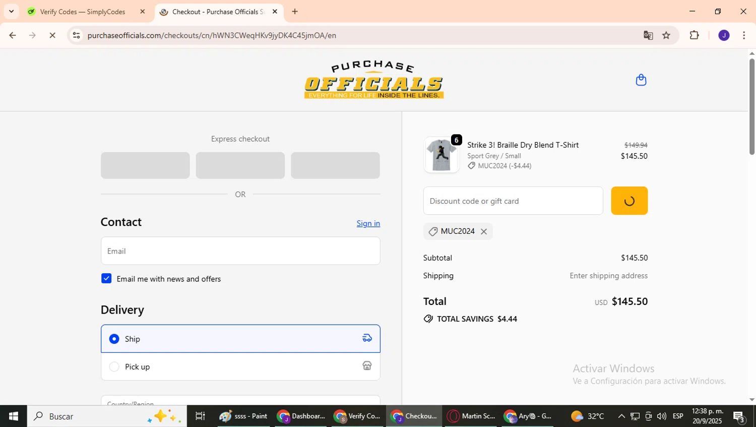 Purchase Officials Supplies promo code screenshot showing code MUC2024 applied at Purchase Officials Supplies checkout page. Uploaded by SimplyCodes community member CrownPhoenix4297 on Sep 20, 2025