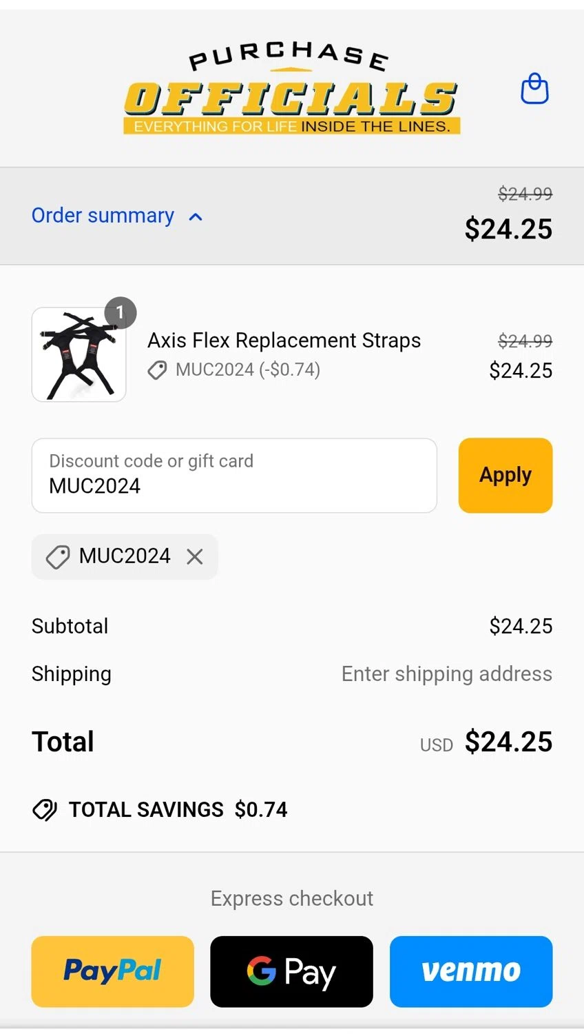 Purchase Officials Supplies promo code screenshot showing code MUC2024 applied at Purchase Officials Supplies checkout page. Uploaded by SimplyCodes community member JuanMonge on Jun 25, 2025