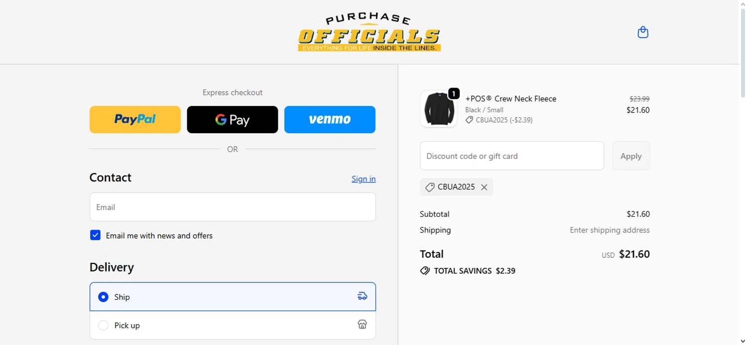 Purchase Officials Supplies promo code screenshot showing code CBUA2025 applied at Purchase Officials Supplies checkout page. Uploaded by SimplyCodes community member Nubelinda on Oct 10, 2025