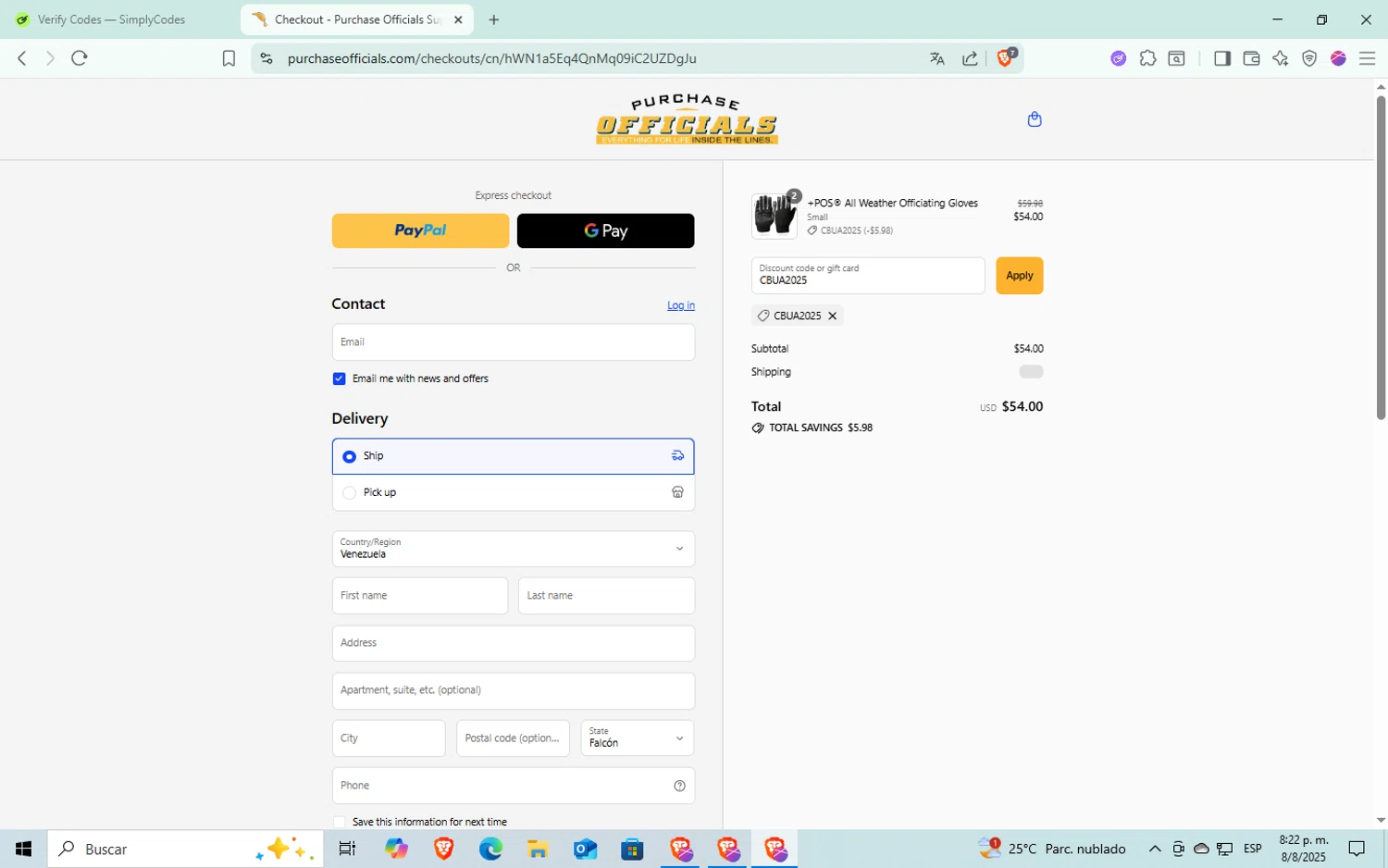 Purchase Officials Supplies promo code screenshot showing code CBUA2025 applied at Purchase Officials Supplies checkout page. Uploaded by SimplyCodes community member Puta_madre10 on Aug 9, 2025