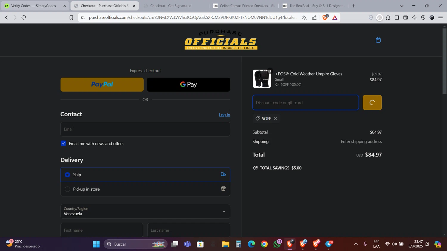 Purchase Officials Supplies promo code screenshot showing code 5off applied at Purchase Officials Supplies checkout page. Uploaded by SimplyCodes community member Caraxes on Mar 9, 2025