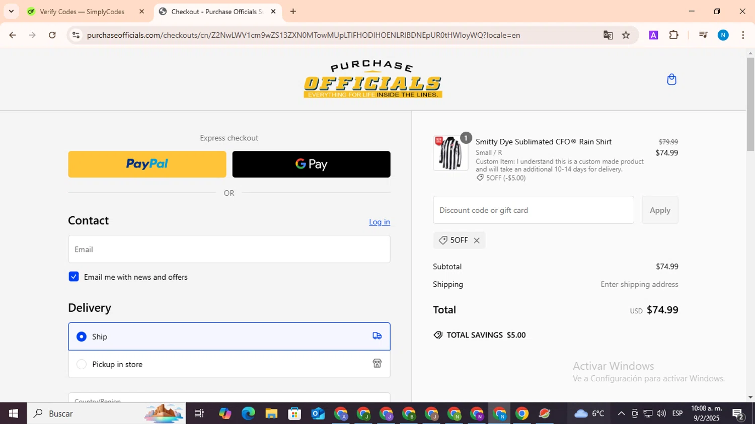 Purchase Officials Supplies promo code screenshot showing code 5off applied at Purchase Officials Supplies checkout page. Uploaded by SimplyCodes community member CoinHawk678 on Feb 9, 2025