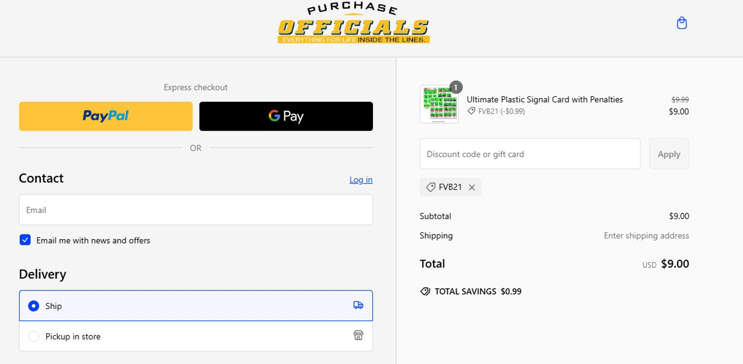 Purchase Officials Supplies promo code screenshot showing code FVB21 applied at Purchase Officials Supplies checkout page. Uploaded by SimplyCodes community member RebateWizard4874 on Feb 9, 2025
