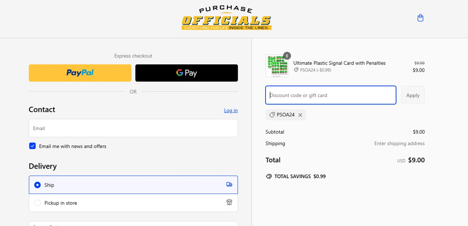 Purchase Officials Supplies promo code screenshot showing code PSOA24 applied at Purchase Officials Supplies checkout page. Uploaded by SimplyCodes community member peachee on Feb 9, 2025