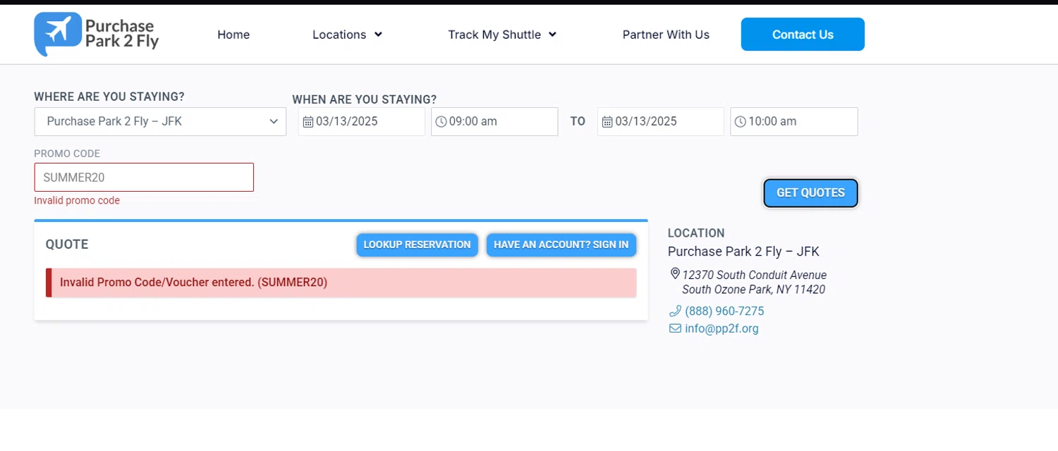 Purchase Park 2 Fly promo code screenshot showing code SUMMER20 applied at Purchase Park 2 Fly checkout page. Uploaded by SimplyCodes community member kevin_levrone on Mar 12, 2025