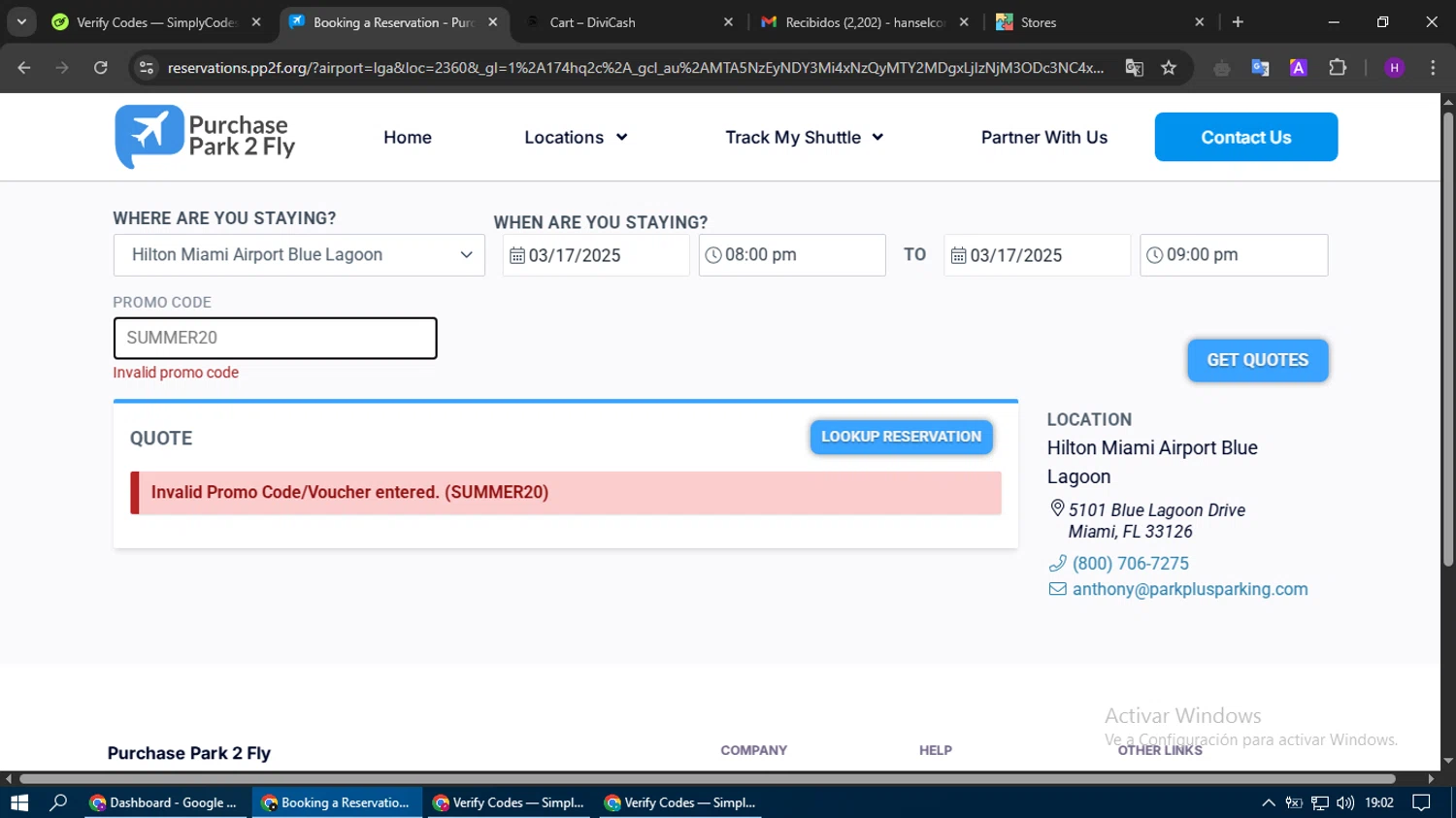 Purchase Park 2 Fly promo code screenshot showing code SUMMER20 applied at Purchase Park 2 Fly checkout page. Uploaded by SimplyCodes community member tumiedo on Mar 16, 2025