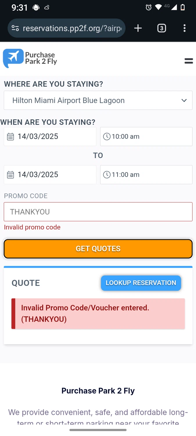 Purchase Park 2 Fly promo code screenshot showing code THANKYOU applied at Purchase Park 2 Fly checkout page. Uploaded by SimplyCodes community member GrimmKing on Mar 13, 2025
