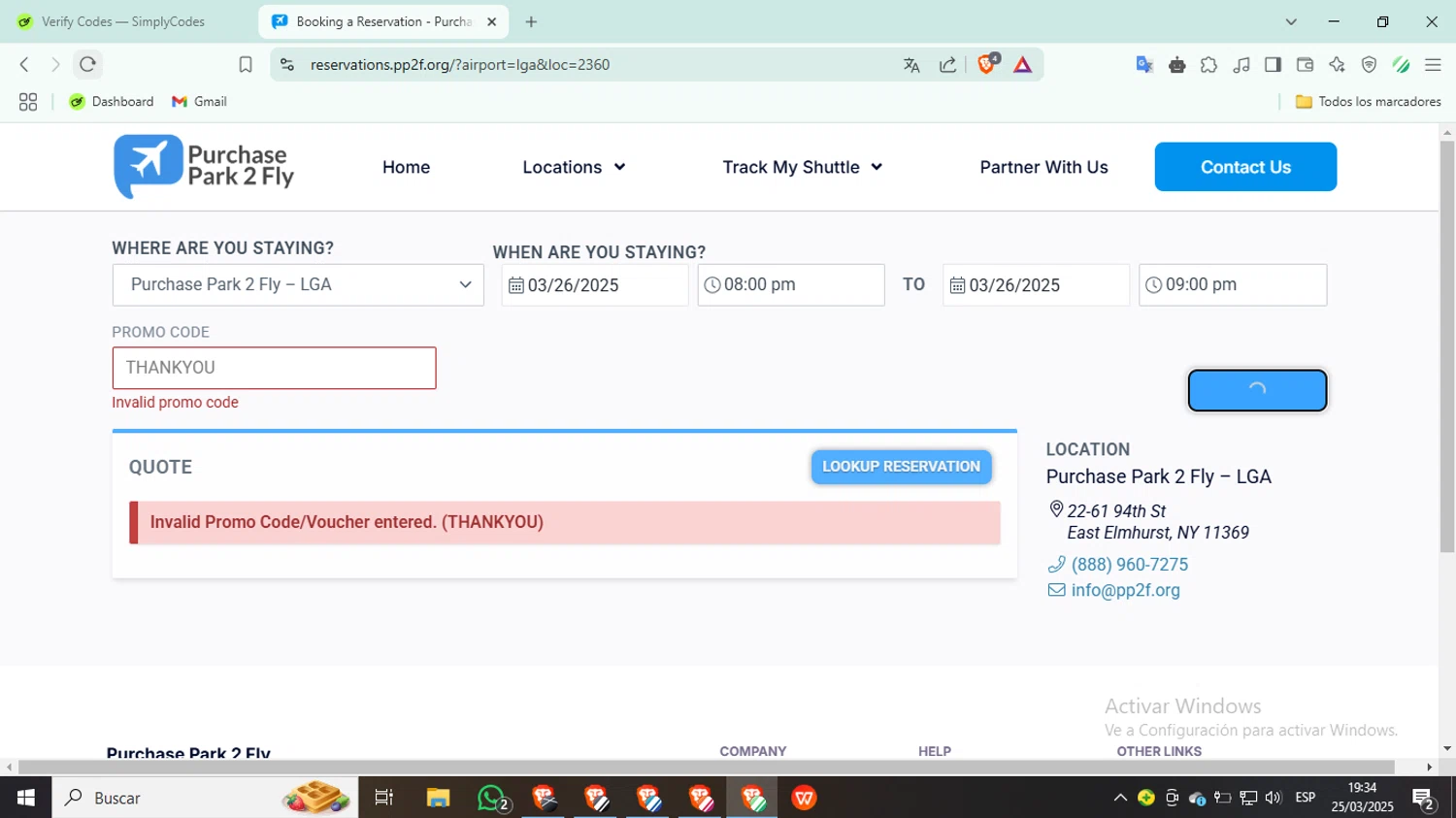Purchase Park 2 Fly promo code screenshot showing code THANKYOU applied at Purchase Park 2 Fly checkout page. Uploaded by SimplyCodes community member SilverKnight3628 on Mar 25, 2025