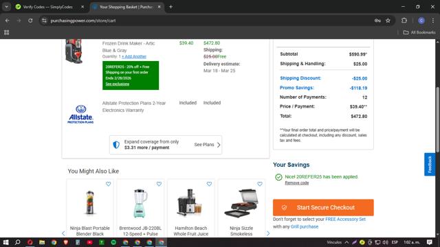 Purchasing Power checkout page showing Purchasing Power promo code box | Screenshot taken by SimplyCodes community member on Mar 11, 2025