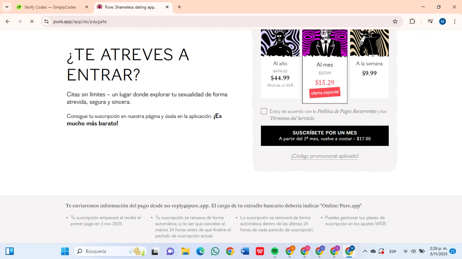 Pure App checkout page showing Pure App promo code box | Screenshot taken by SimplyCodes community member on Nov 3, 2025